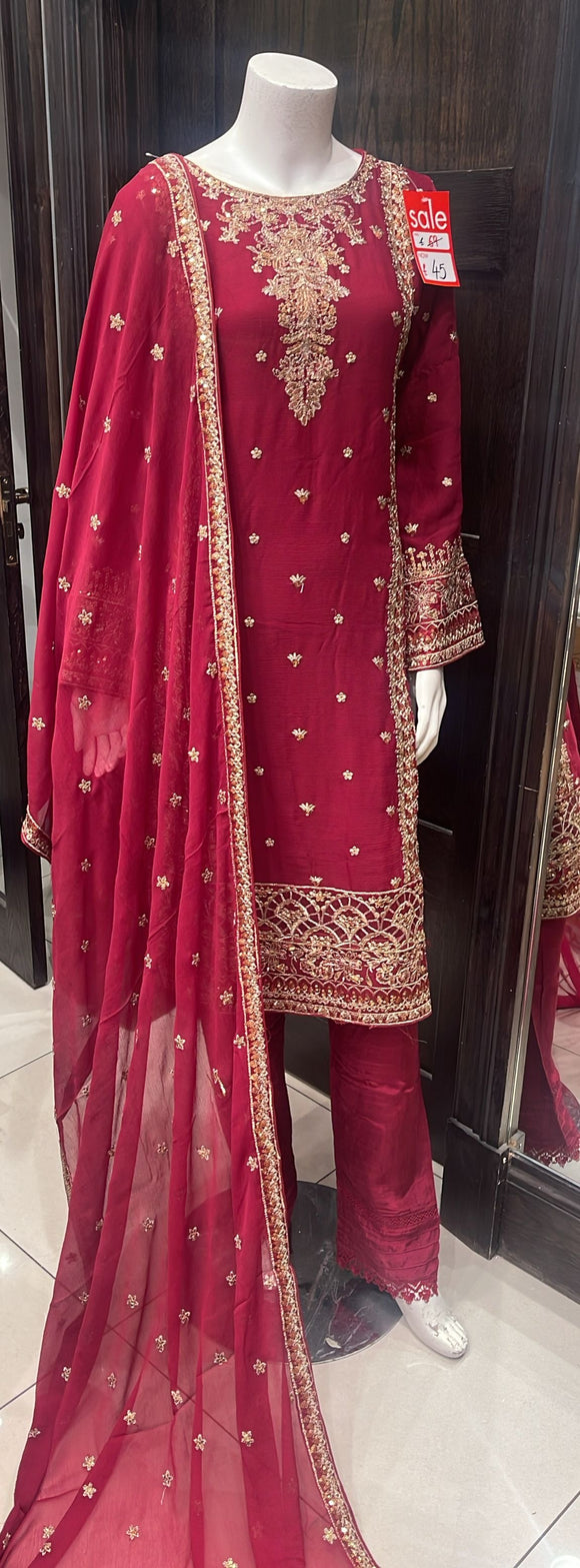 EMBROIDERED CHIFFON 3 PIECE SUIT 421A