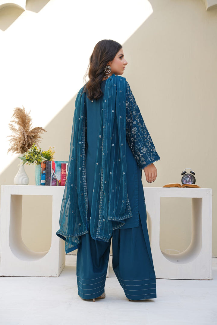 1164B- TEAL BLUE LINEN EMBROIDERED 3 PIECE SUIT FARSHI SHALWAR