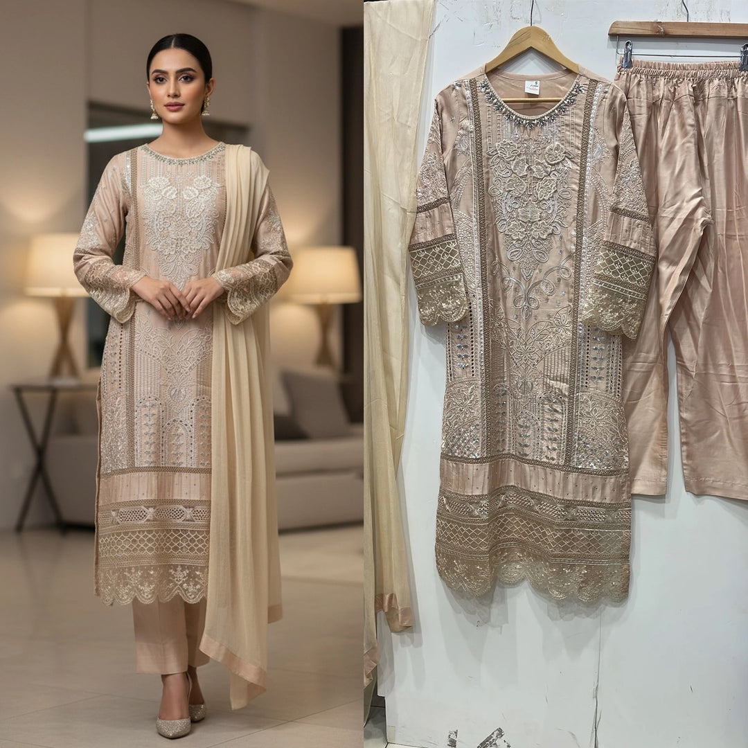 1184D - Champagne Beige Embroidered Viscose 3 Piece suit