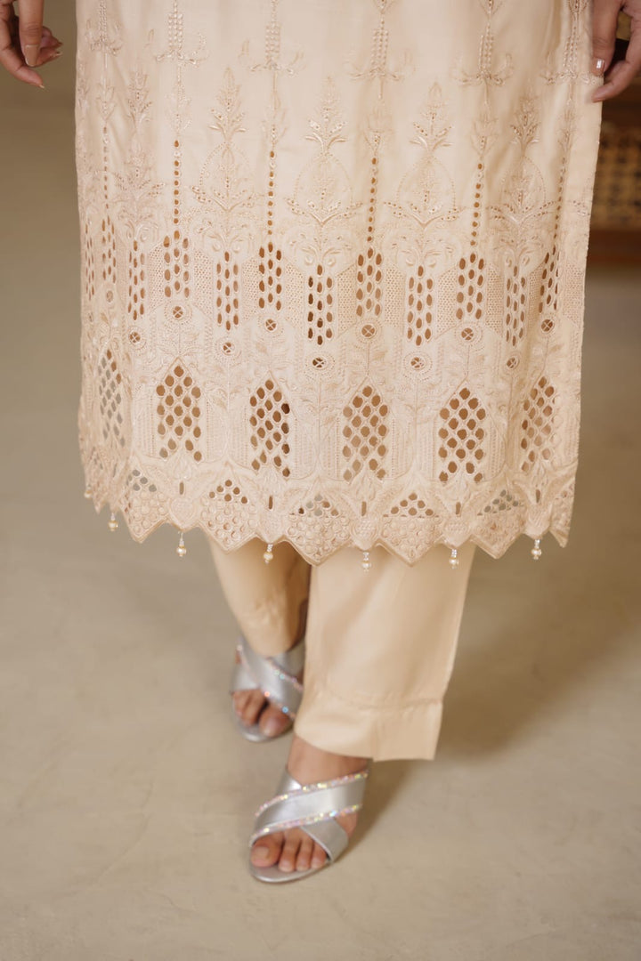 1167E- BEIGE LINEN CHIKANKARI 3 PIECE SUIT