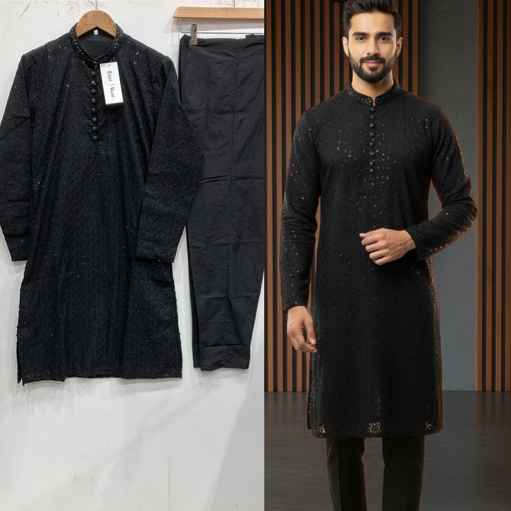 CK761B - Men’s Black Cotton Hand Embroidered Chikankari Set
