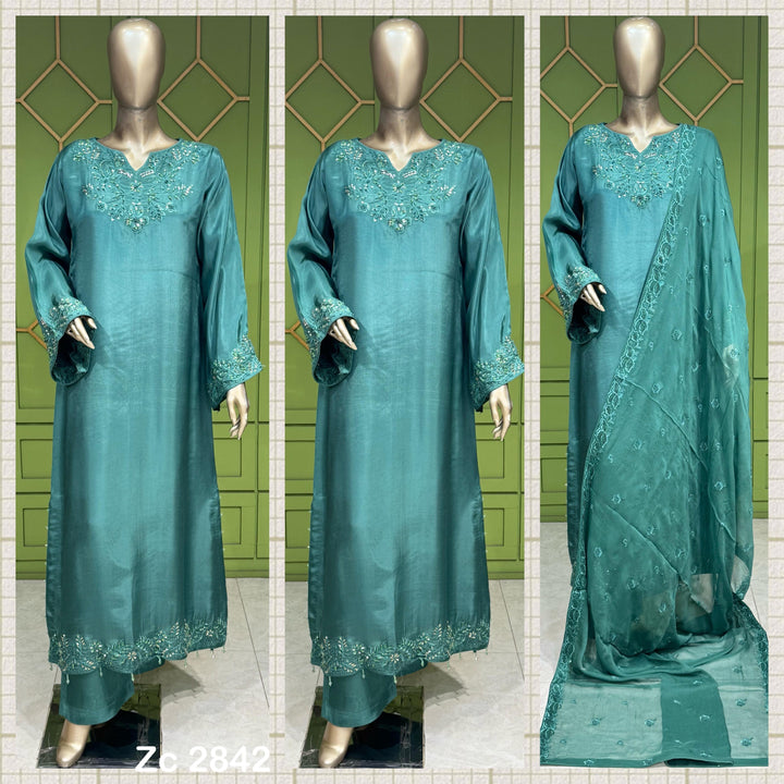 Zc2842b - Teal Tussle Silk Adda Work Kaftan Style Suit