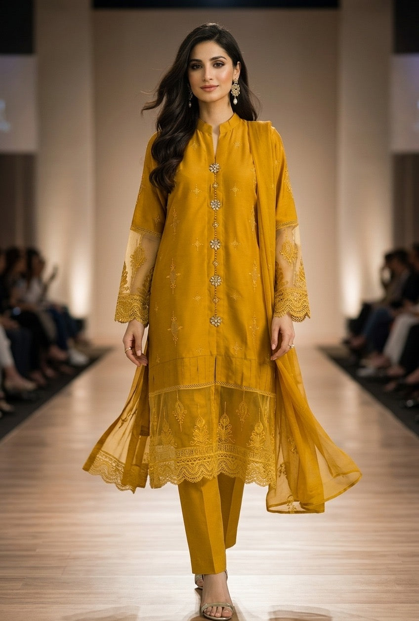 1114A - Mustard Embroidered Linen 3 Piece suit