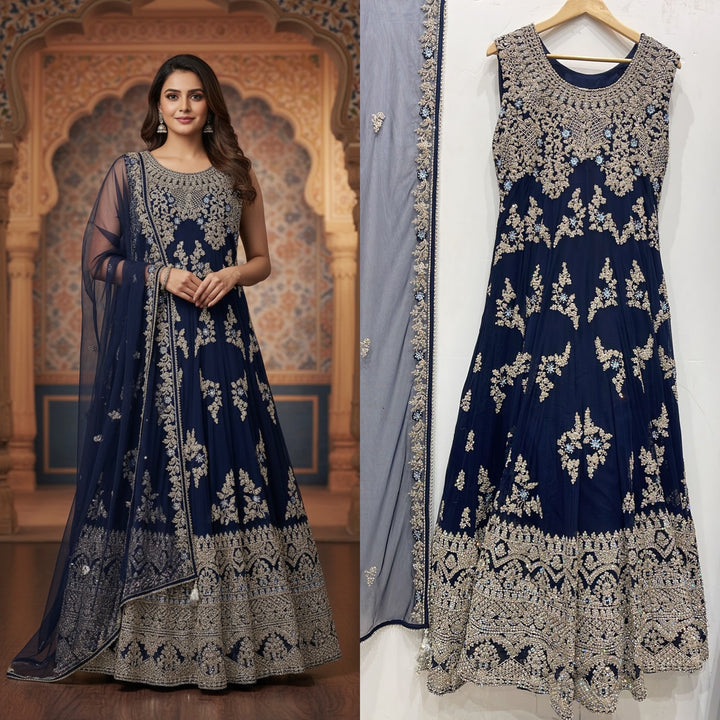 7015B- Blue Embroidered & Embellished net long dress
