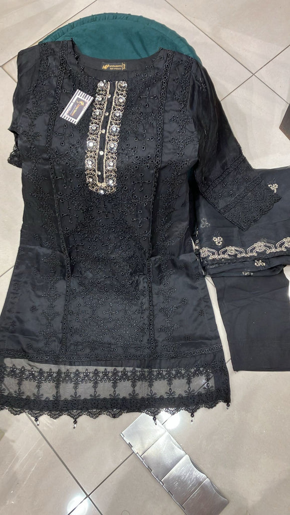 BLACK EMBROIDERED ORGANZA 3 PIECE SUIT 429E