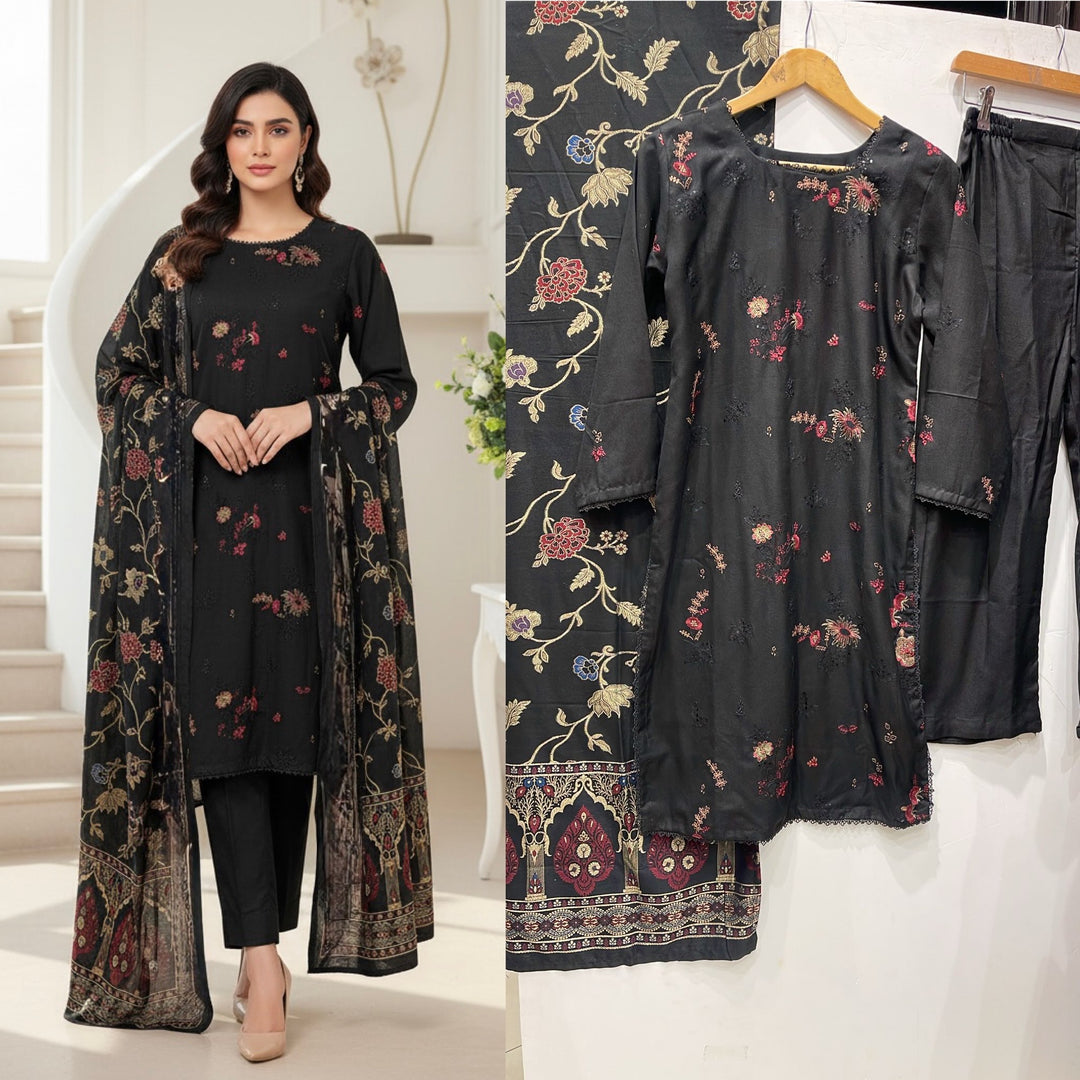 GF01 - BLACK DHANAK LINEN EMBROIDERED SUIT