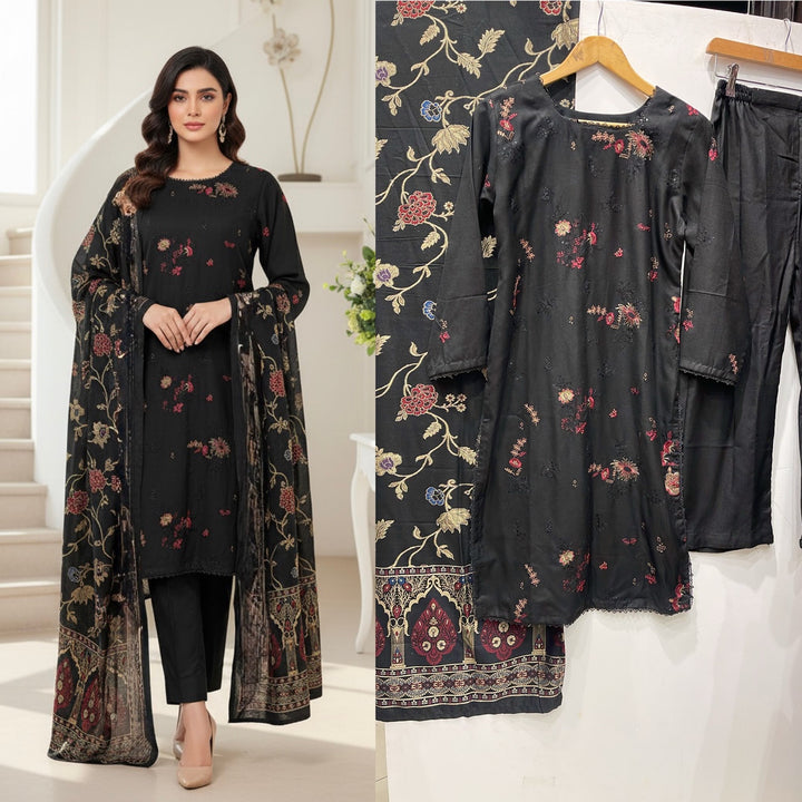 GF01 - BLACK DHANAK LINEN EMBROIDERED SUIT