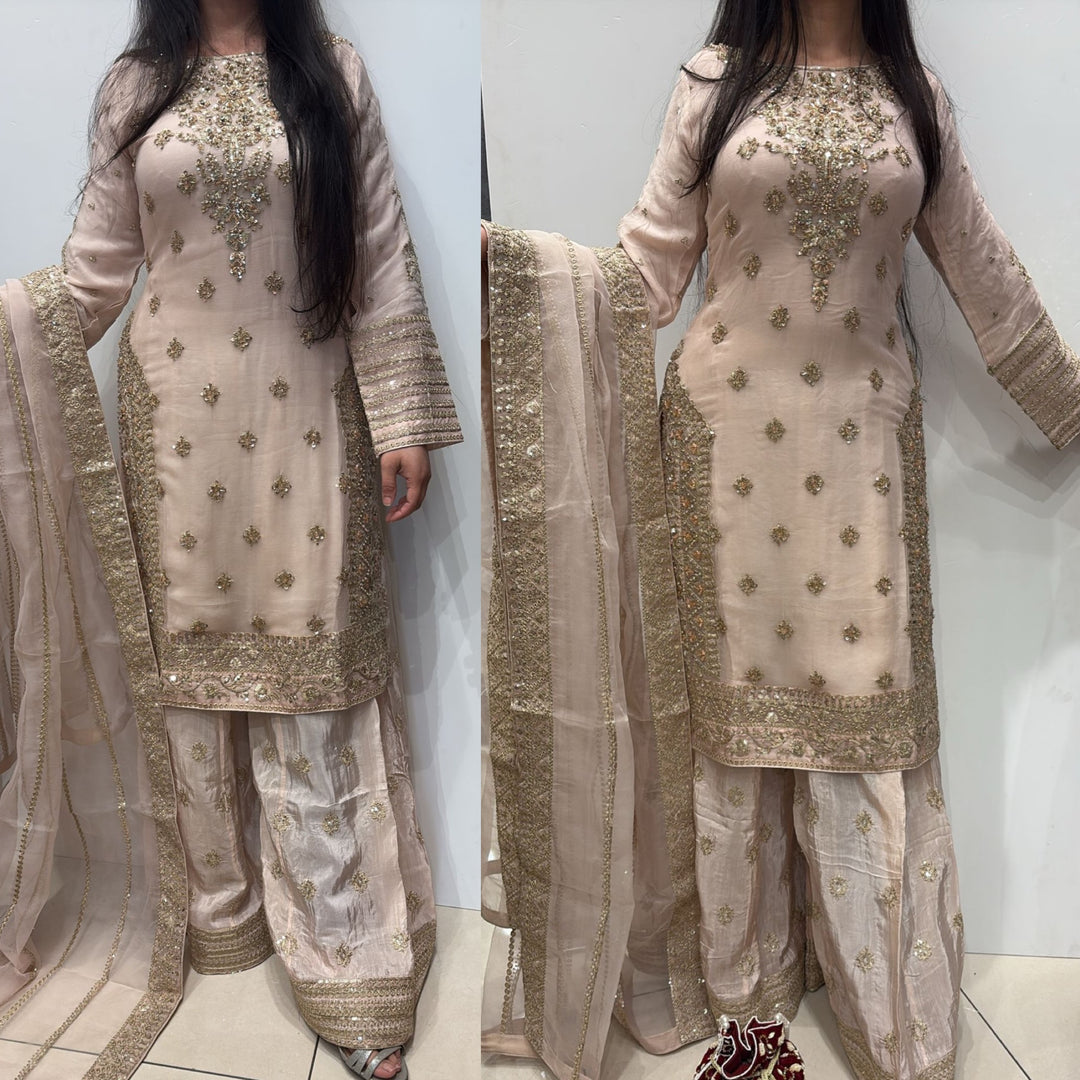 363A- PINK CHIFFON EMBROIDERED 3 PIECE SUIT