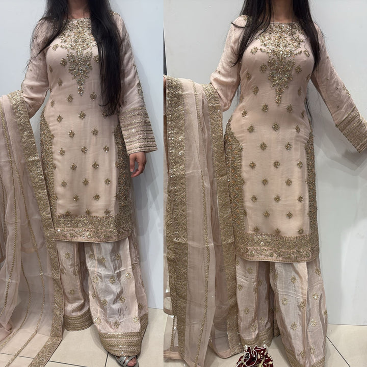 363A- PINK CHIFFON EMBROIDERED 3 PIECE SUIT