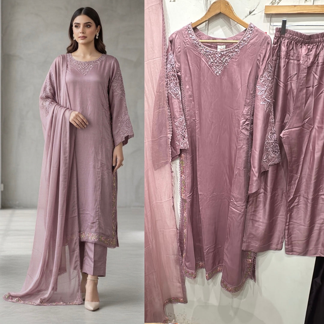 1123C - Pink Embroidered Viscose Pakistani Suit with Chiffon Dupatta