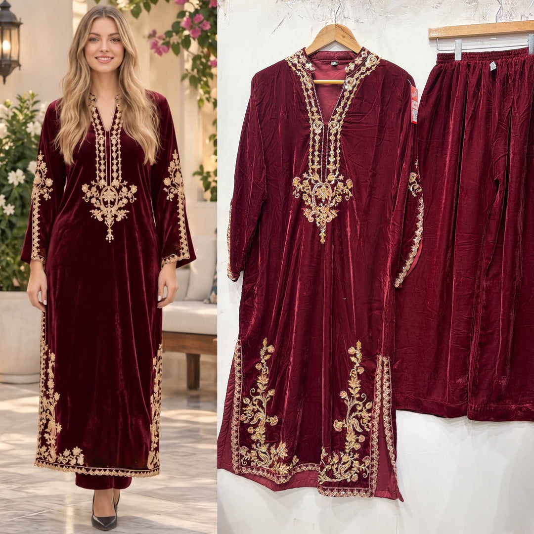 W636 LUXURY VELVET EMBROIDERED KAFTAN SET - East meets west clothing 