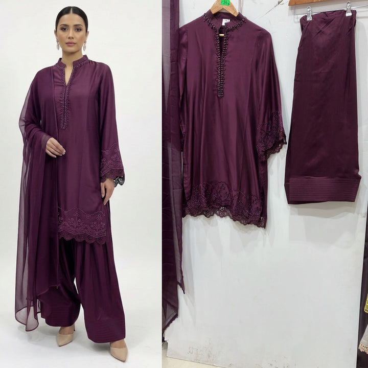 1116J - Purple Viscose Silk Shirt with Farshi Shalwar & Chiffon Dupatta