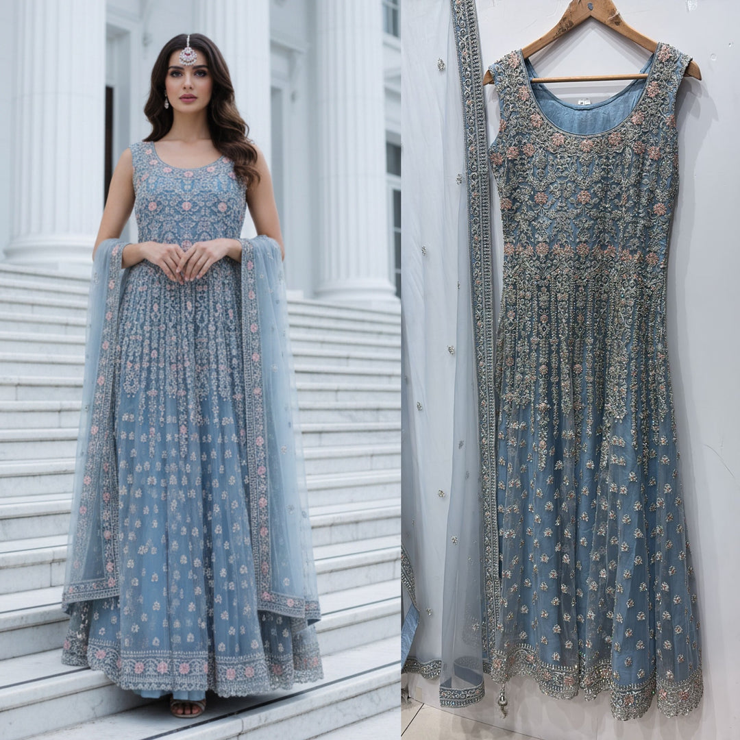 7012A- Embroidered & Embellished net long dress