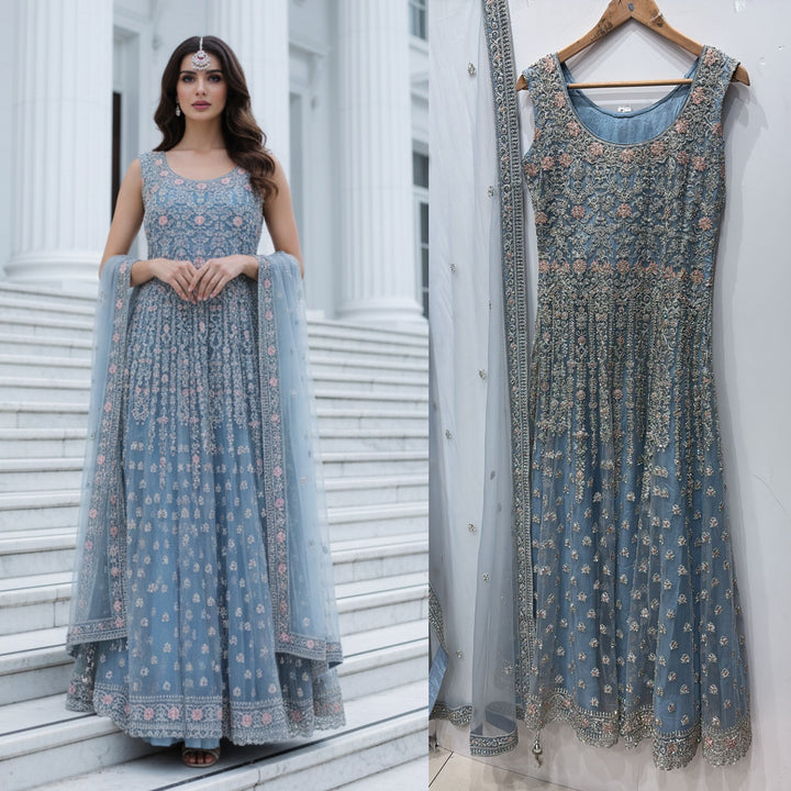 7012A- Embroidered & Embellished net long dress