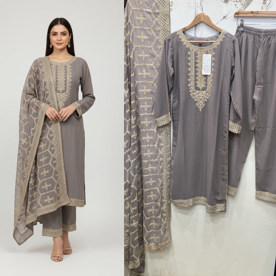 316A- MAUVE GREY EMBROIDERED CHIFFON 3 PIECE SUIT