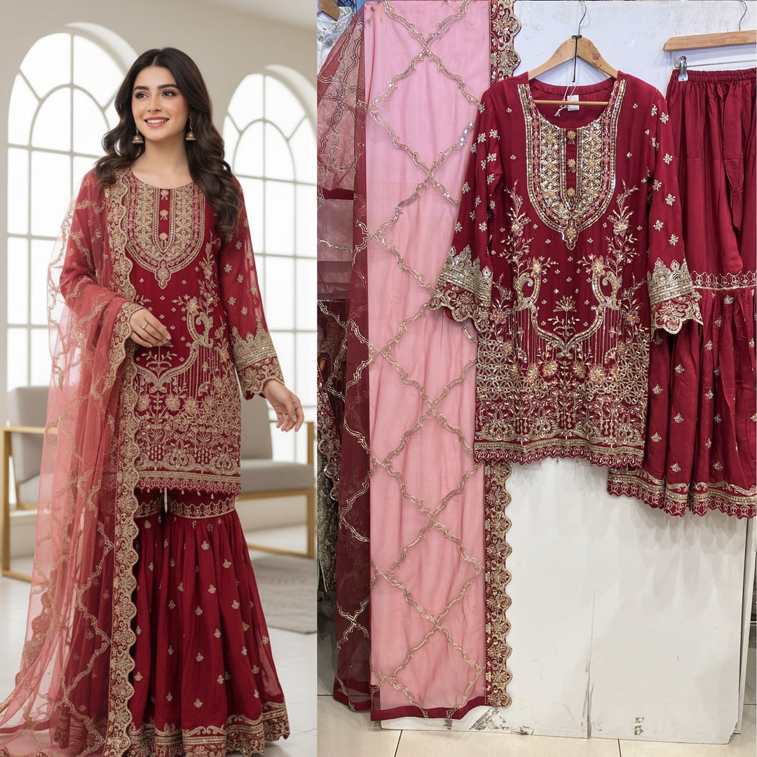 359A - Red Embroidered Chiffon Gharara 3 Piece Suit