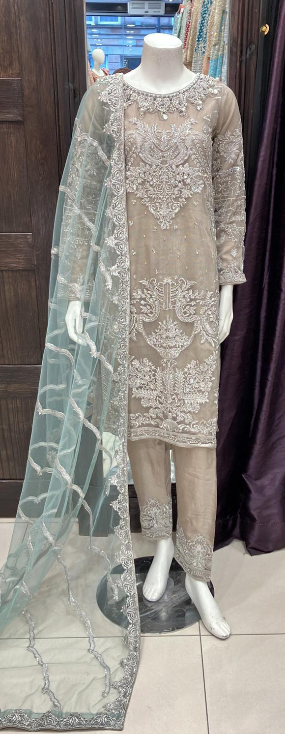 EMBROIDERED NET ORGANZA 3 PIECE SUIT 483B