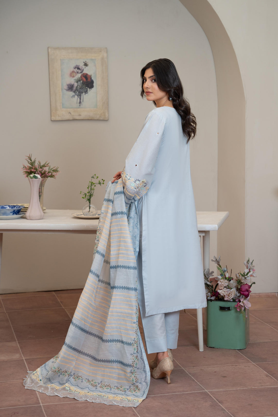 1142B - Light Blue Embroidered Linen 3 Piece suit