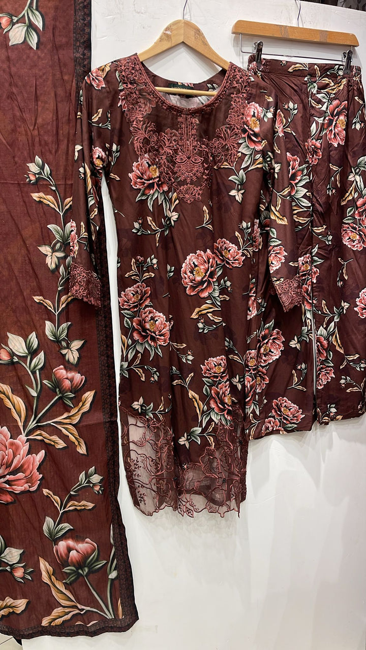 KB01 - EMBROIDERED LINEN PRINT 3 PIECE SUIT