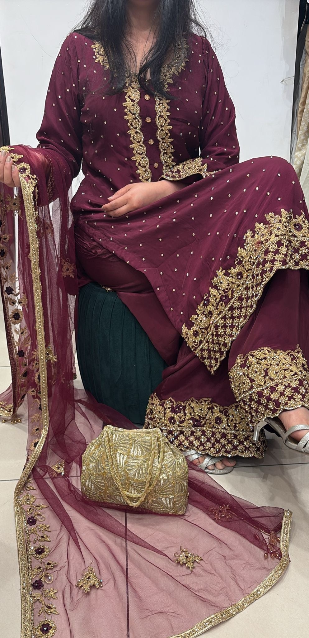 0142B- PLUM GEORGETTE FARSHI PALAZZO SUIT