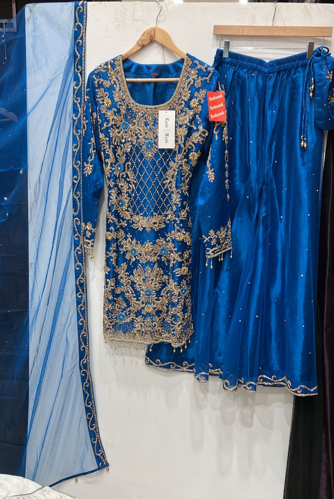 198D - TEAL BLUE EMBROIDERED & EMBELLISHED NET SUIT