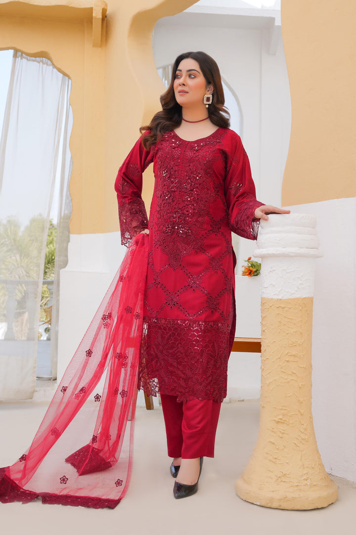 74C - Maria b inspired Red Embroidered Linen suit