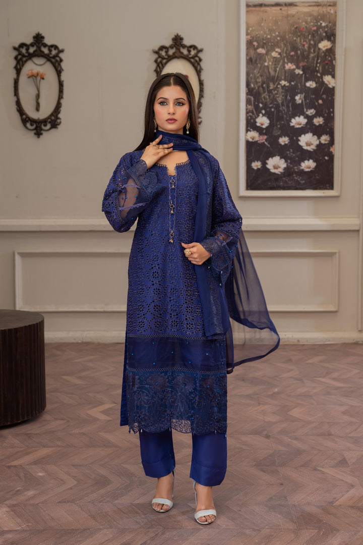 1143D - Blue Embroidered Linen 3 Piece suit