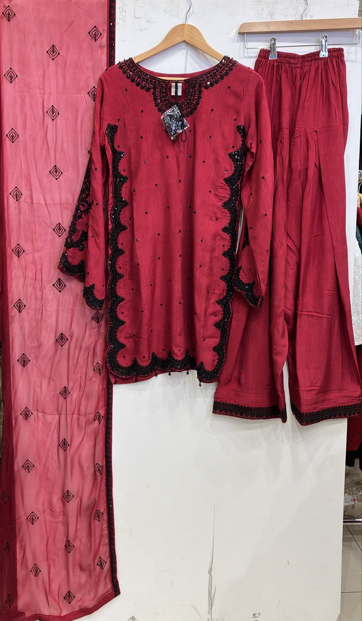 367A- Red Embroidered Silk Farshi Shalwar 3 Piece Suit