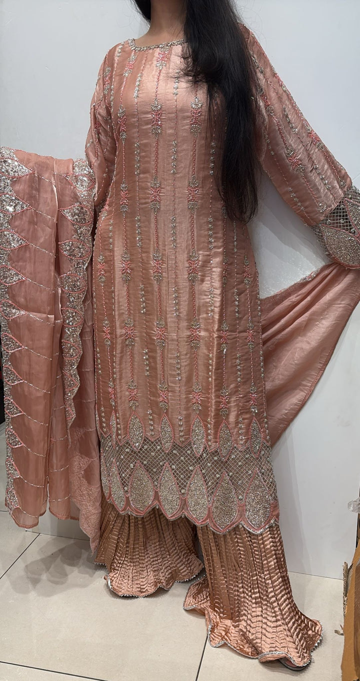 390A - PEACH EMBROIDERED & EMBELLISHED SILK SUIT