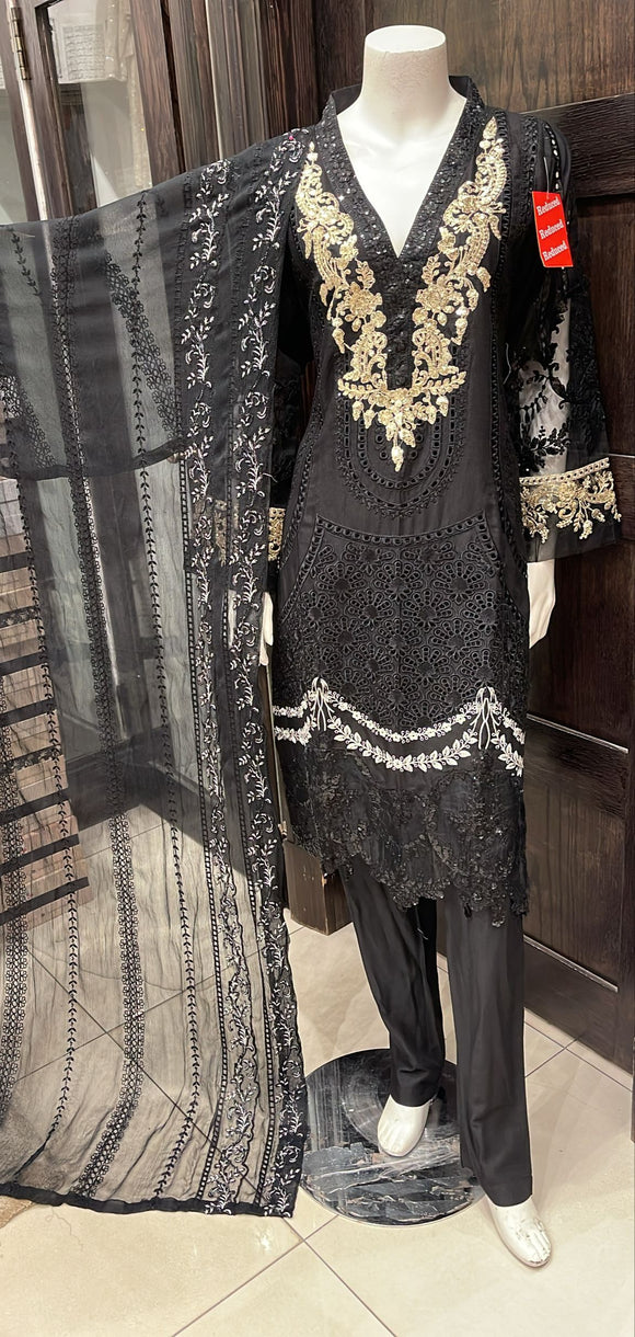 087B- BLACK EMBROIDERED LINEN 3 PIECE SUIT