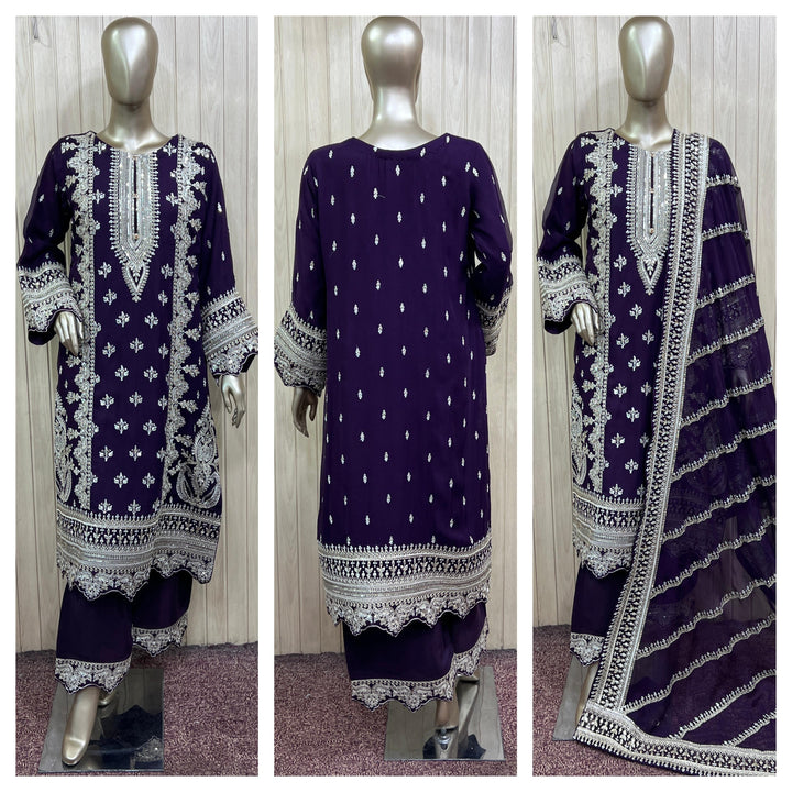 1961C Purple Embroidered Viscose Hand Work 3-Piece Suit - East meets west clothing 
