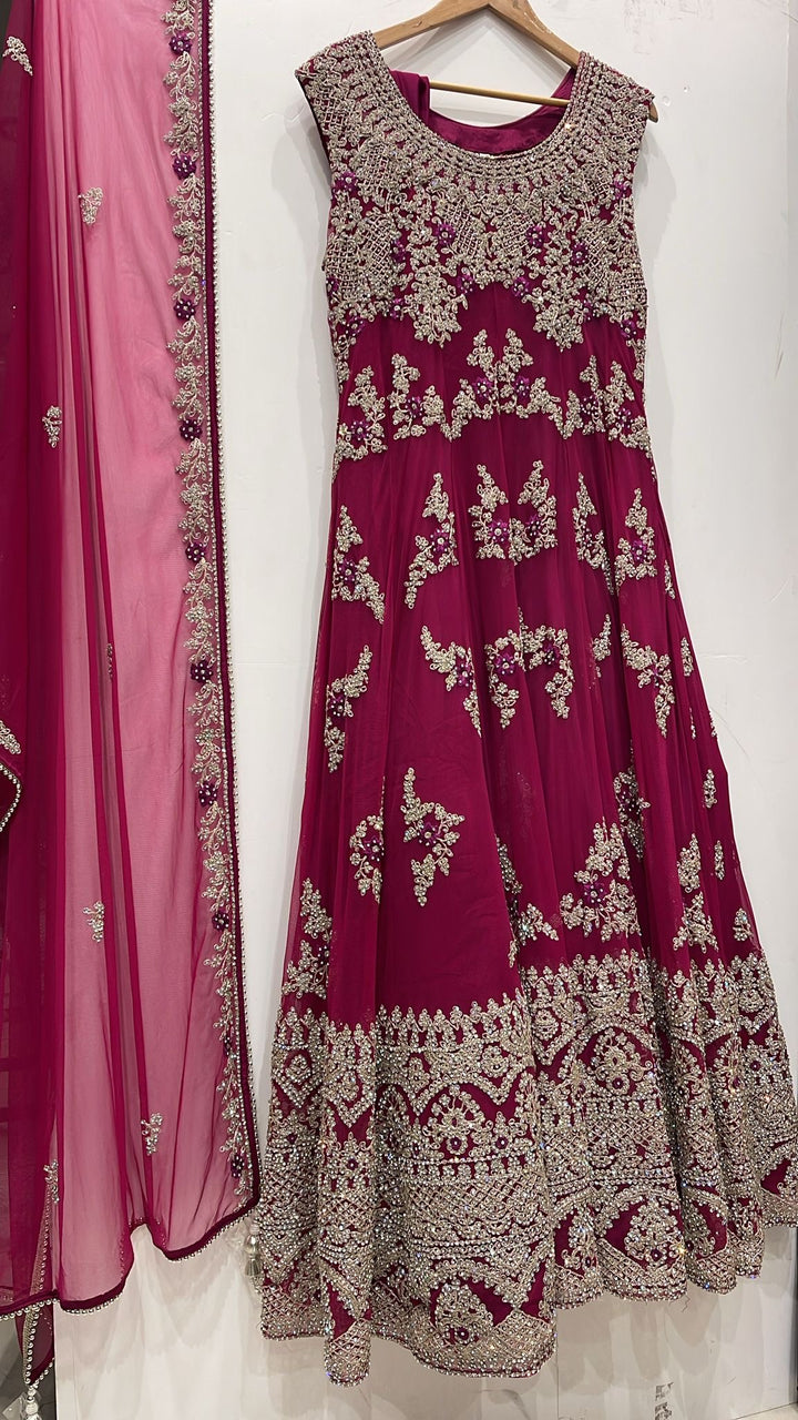 7015G- Purple Embroidered & Embellished net long dress