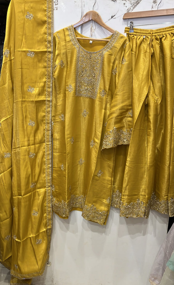 315B- MUSTARD EMBROIDERED SHIMMER SILK 3 PIECE SUIT