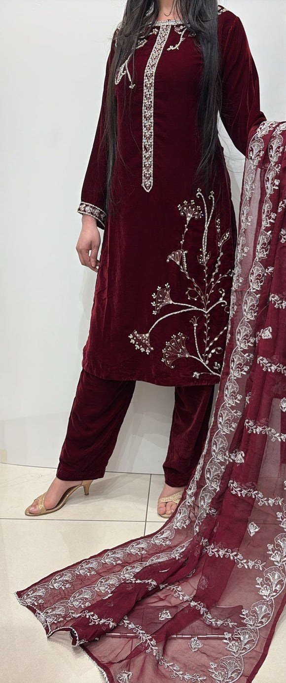 MAROON EMBROIDERED VELVET 3 PIECE SUIT NV35