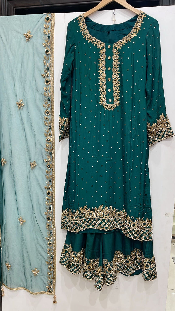 0142C- GREEN GEORGETTE FARSHI PALAZZO SUIT