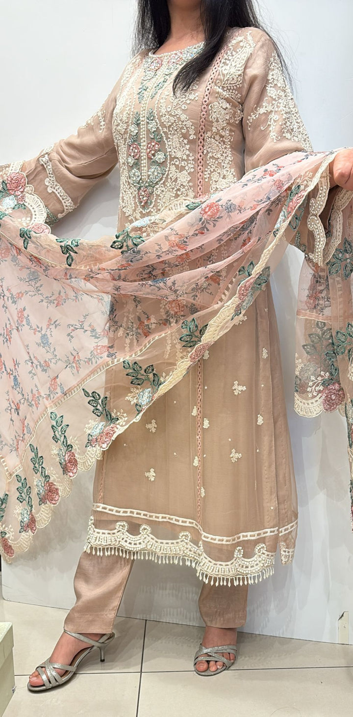 BABY PINK EMBROIDERED CHIFFON 3 PIECE SUIT 228E