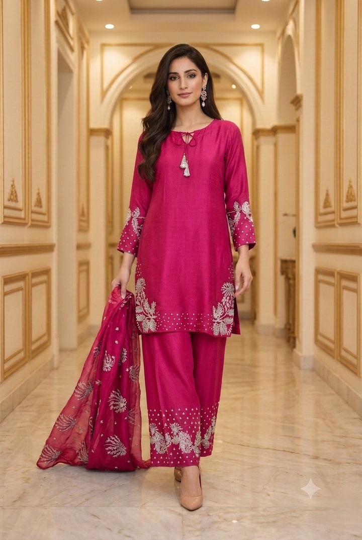 1179B - Pink Embroidered Viscose 3 Piece suit