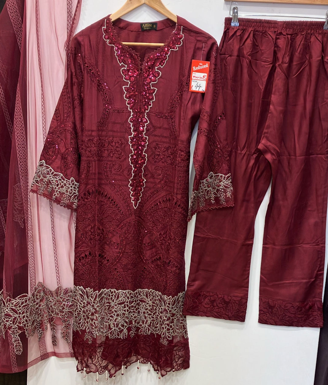 1173N - Red Embroidered Linen 3 Piece suit