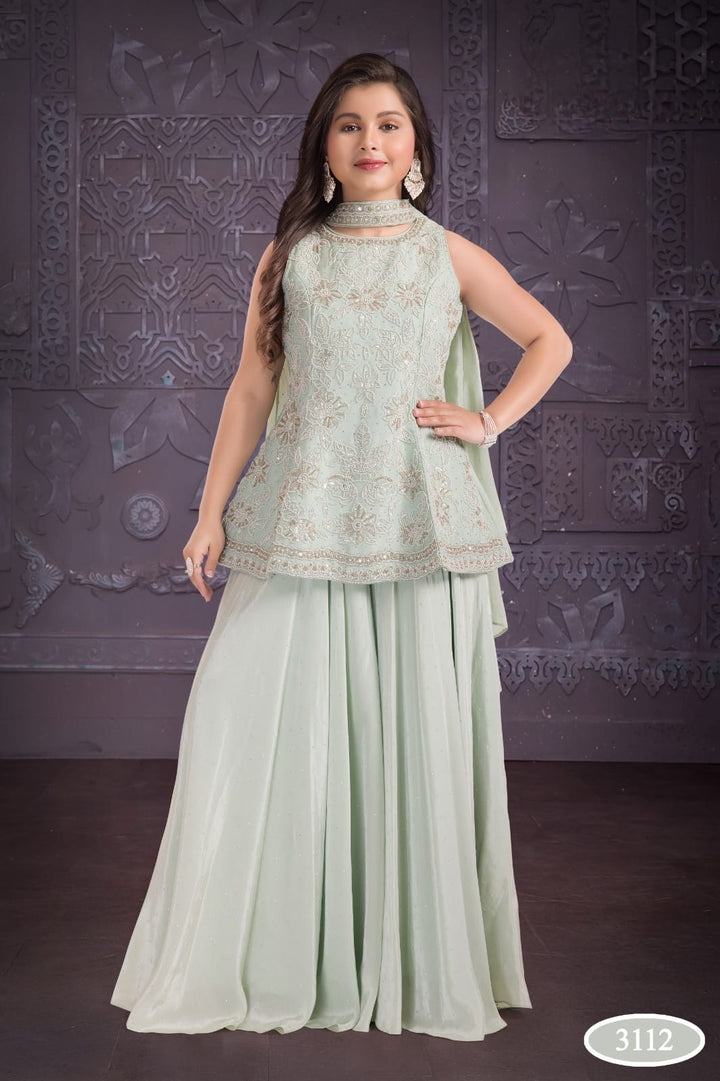 3112C - GIRLS LIGHT GREEN EMBROIDERED SHARARA DRESS