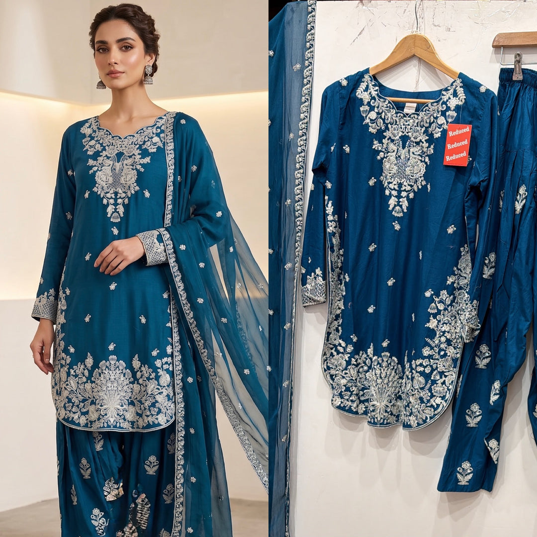 1128E - Blue Viscose Shirt with Farshi Shalwar & Chiffon