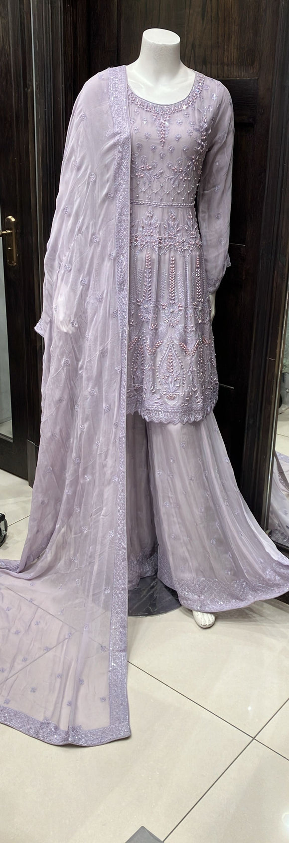 LILAC EMBROIDERED CHIFFON SHARARA SUIT 346D