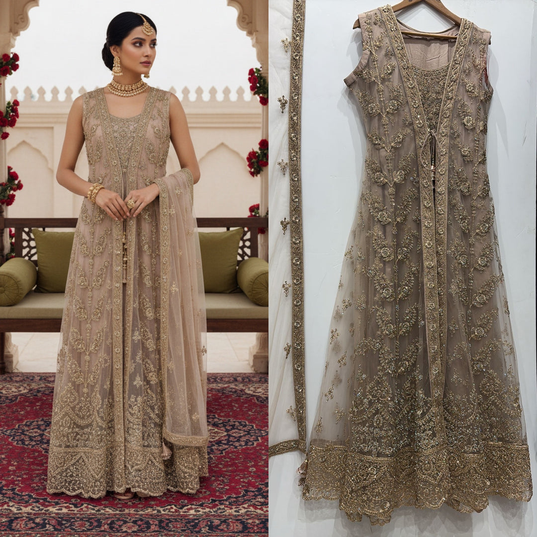 7014E- Fawn Embroidered & Embellished net long dress