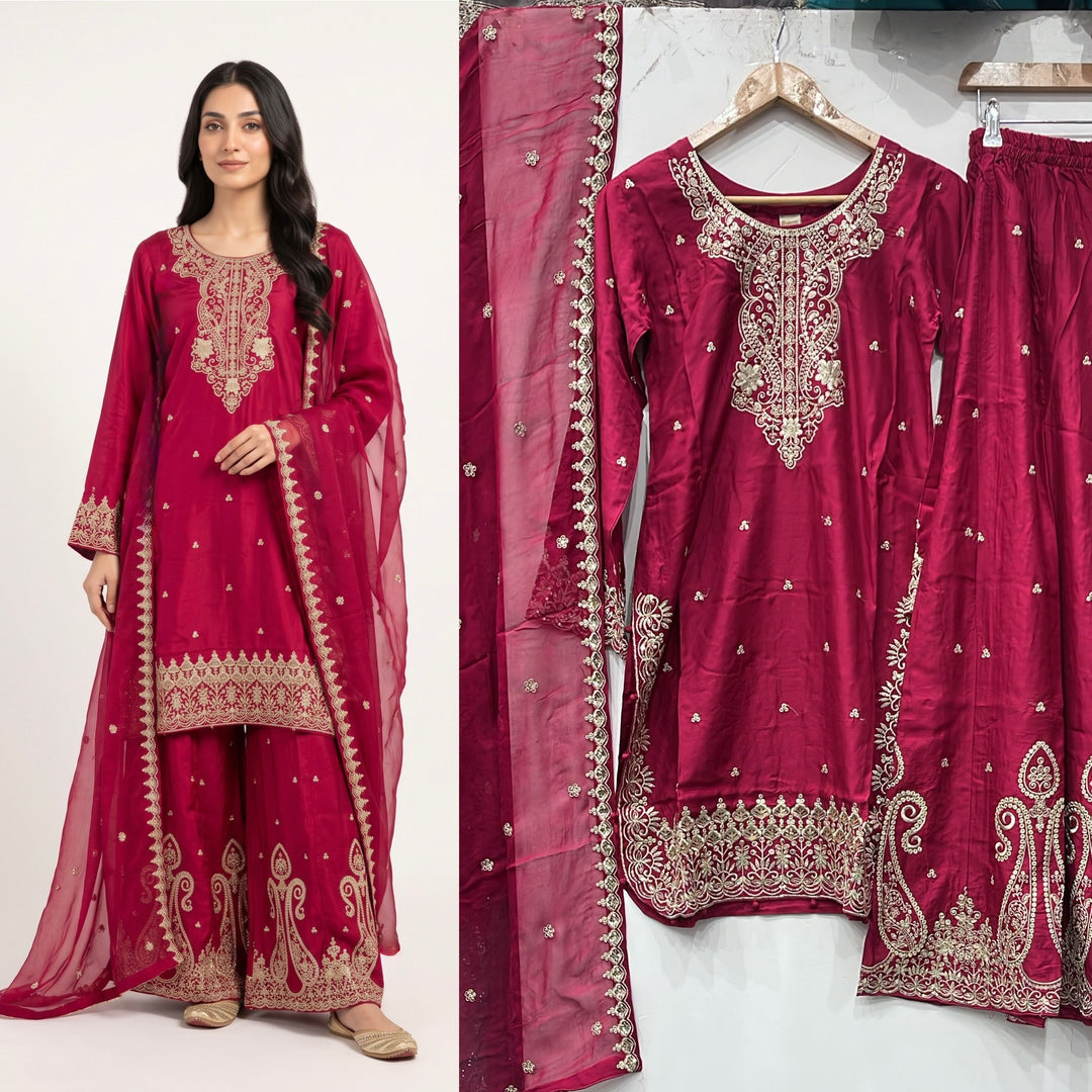 373B Pink Viscose Silk Embroidered Pakistani Suit with Chiffon Dupatta - East meets west clothing 