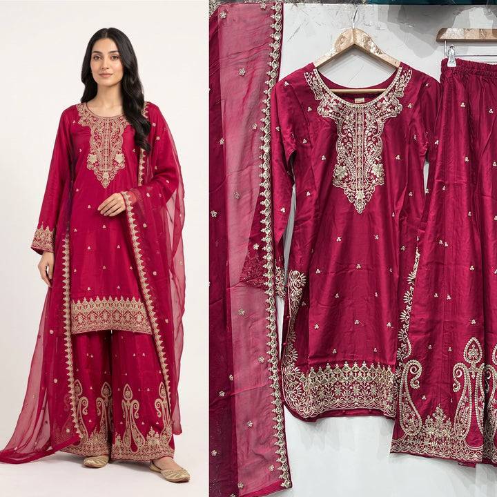 373B Pink Viscose Silk Embroidered Pakistani Suit with Chiffon Dupatta - East meets west clothing 