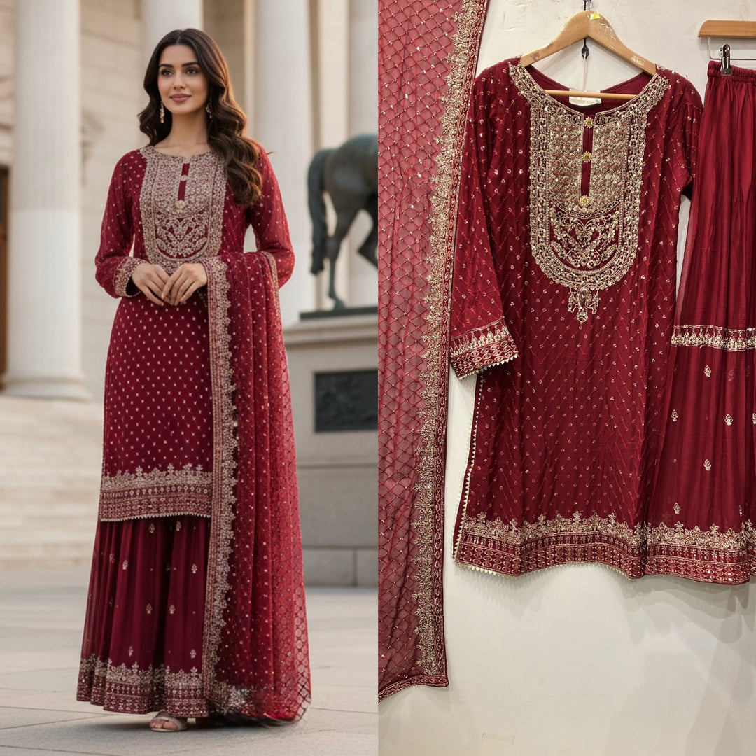 381H - RED CHIFFON EMBROIDERED SHARARA SUIT