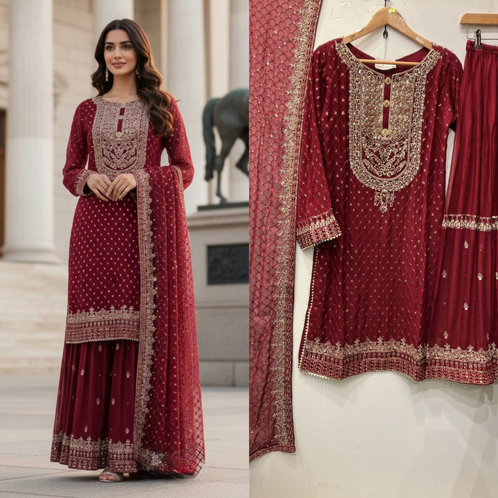 381H - RED CHIFFON EMBROIDERED SHARARA SUIT