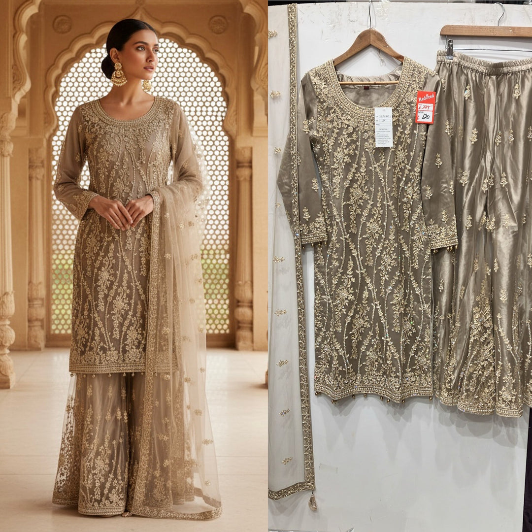 168E - BEIGE GOLD EMBROIDERED & EMBELLISHED NET SUIT