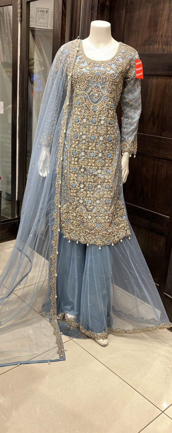 HEAVY EMBROIDERED & EMBELLISHED NET SHARARA SUIT 0151C