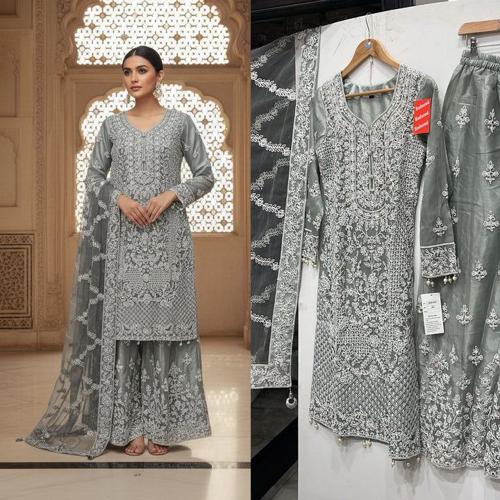 181A - GREY EMBROIDERED & EMBELLISHED NET SUIT