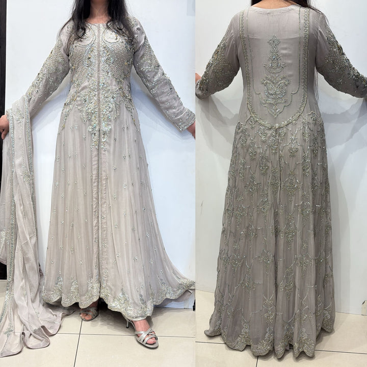GREY EMBROIDERED CHIFFON 3 PIECE SUIT 424C